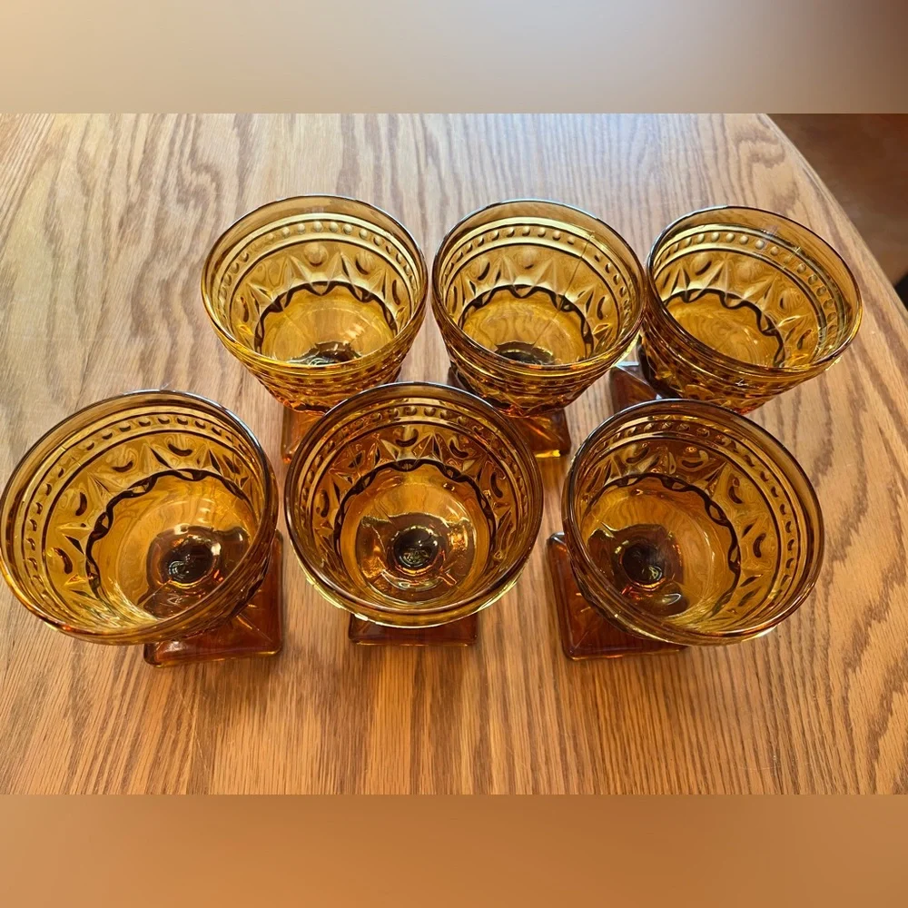 6 Vintage Indiana Glass/Park Lane/Colony Glass Amber Pedestal Glasses/Dishes